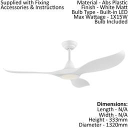 Loops Remote Control Ceiling Fan & Light Matt White Abs Plastic 15W Built in LED - thumbnail 2