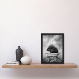 Artery8 Cute Porcupine in Bathtub Black White Surreal Framed Art Print in Grey - Size: A4 - thumbnail 4