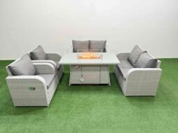 Fimous 6 Seater Outdoor Reclining Chair Love Sofa Set Rattan Garden Furniture Set with Firepit Dining Table Light Grey - thumbnail 2