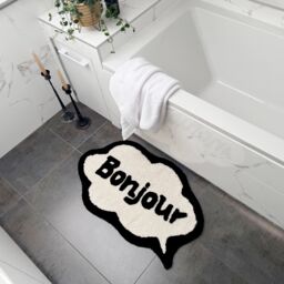 Mooky Mats Bonjour Slogan Bath Mat in Cream - thumbnail 2