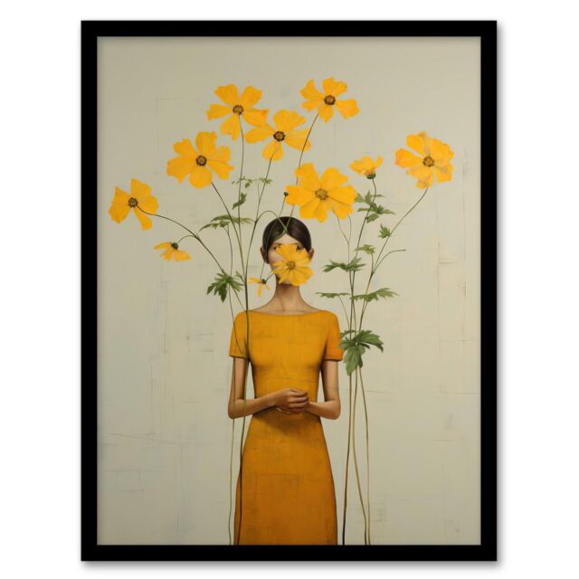 Wee Blue Coo Wall Art Print Hidden In Buttercups Surrealist Mustard Living Room Framed in Yellow - Size: A4 - image 1