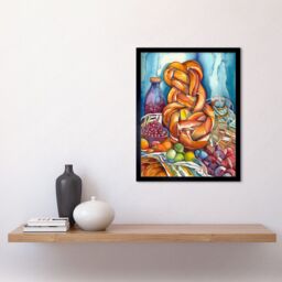 "Artery8 Wall Art Print Jewish Challah Bread & Fruit Folk Art Watercolour Painting Art Framed in Black - Size: W12"" x H16""" - thumbnail 2