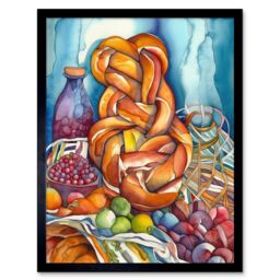 "Artery8 Wall Art Print Jewish Challah Bread & Fruit Folk Art Watercolour Painting Art Framed in Black - Size: W12"" x H16""" - thumbnail 1