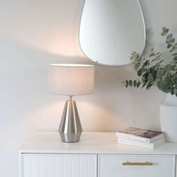 Jax Brushed Chrome Dimmable Touch Table Lamp with Fabric Drum Shade & LED Bulb
