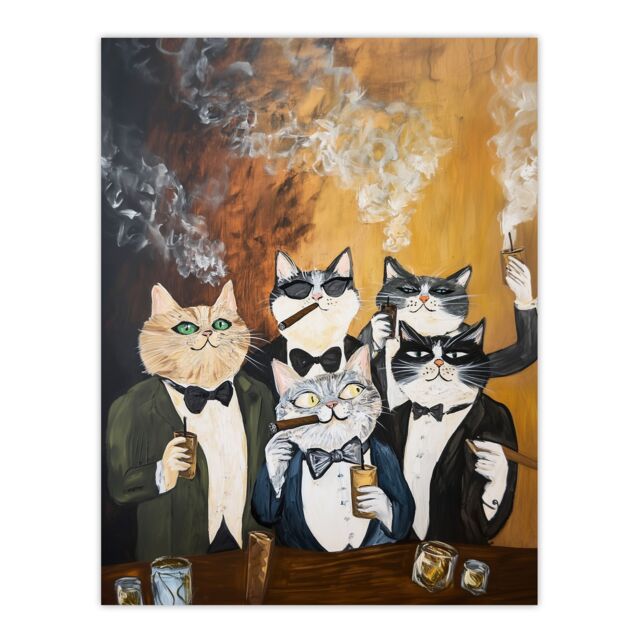 "Artery8 Tuxedo Cat Lover Drinking Smoking Bachelor Party Wall Art Print in Mustard - Size: W24"" x H32""" - image 1