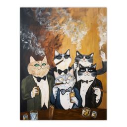 "Artery8 Tuxedo Cat Lover Drinking Smoking Bachelor Party Wall Art Print in Mustard - Size: W24"" x H32""" - thumbnail 1
