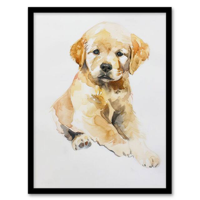 "Artery8 Cute Golden Retriever Puppy Dog Lover Watercolour Framed Wall Art in Beige - Size: W12"" x H16""" - image 1