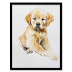 "Artery8 Cute Golden Retriever Puppy Dog Lover Watercolour Framed Wall Art in Beige - Size: W12"" x H16""" - thumbnail 1