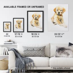 "Artery8 Cute Golden Retriever Puppy Dog Lover Watercolour Framed Wall Art in Beige - Size: W12"" x H16""" - thumbnail 3