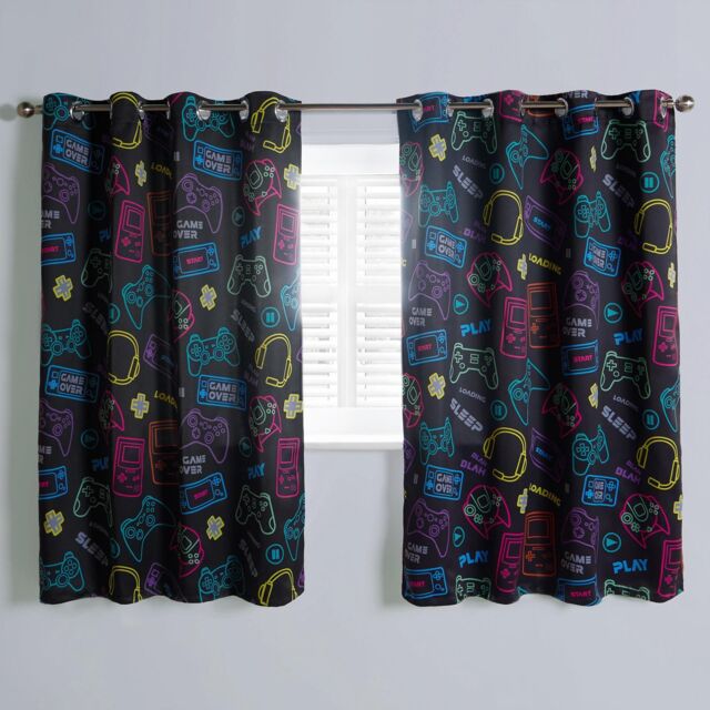 OHS Gaming Eyelet Curtains Pair of Blackout Woven Ring Top Panels Ready Made Kids in Black - Size: 168 cm width x 137 cm drop - image 1