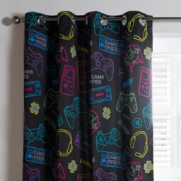 OHS Gaming Eyelet Curtains Pair of Blackout Woven Ring Top Panels Ready Made Kids in Black - Size: 168 cm width x 137 cm drop - thumbnail 2