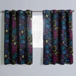 OHS Gaming Eyelet Curtains Pair of Blackout Woven Ring Top Panels Ready Made Kids in Black - Size: 168 cm width x 137 cm drop