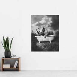 "Artery8 Rhino in Bathtub Black White Bath Time Surreal Wall Art Print in Grey - Size: W24"" x H32""" - thumbnail 4