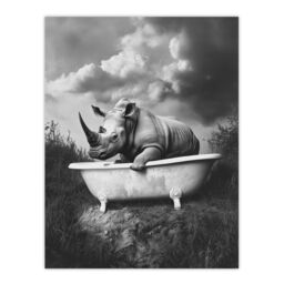 "Artery8 Rhino in Bathtub Black White Bath Time Surreal Wall Art Print in Grey - Size: W24"" x H32""" - thumbnail 1