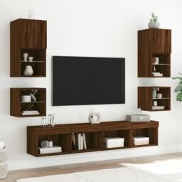 Berkfield Home TV Wall Cabinet with LED Lights Brown Oak 30x28.5x30 cm - thumbnail 5
