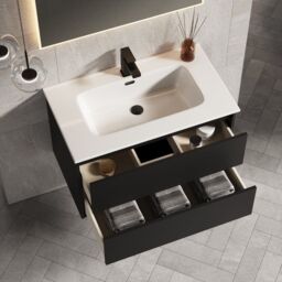 Banyetti Venti 800mm Wall Hung Vanity Unit with Athena Basin - Matt Black - thumbnail 1