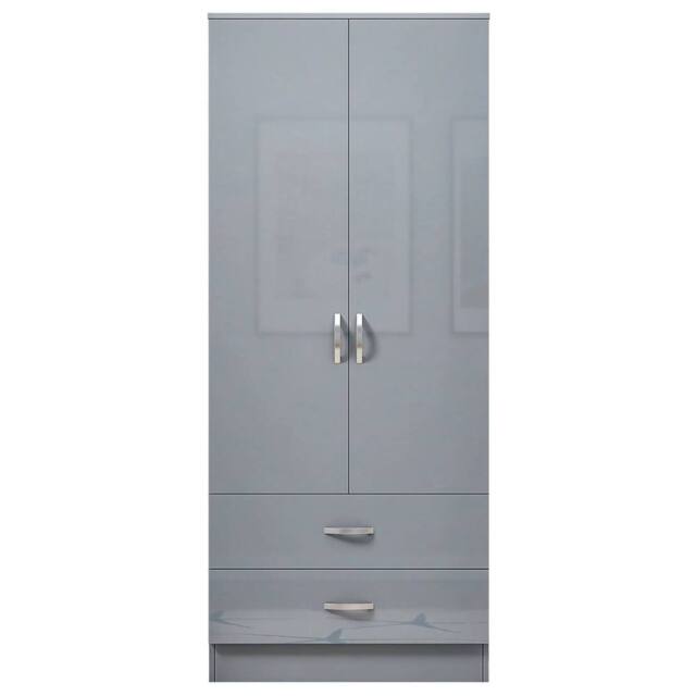 FLAVORA High Gloss Grey Door(Matt Grey Body) 2 Door 2 Drawer Wooden Wardrobe - Size: 0.6m2 - image 1