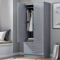 FLAVORA High Gloss Grey Door(Matt Grey Body) 2 Door 2 Drawer Wooden Wardrobe - Size: 0.6m2 - thumbnail 4