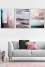ARTZE Abstract Navy Blue Grey Blush Pink Oil Framed Wall Art - Large in Metallic Silver - Size: W53 cm x H73 cm x D20mm