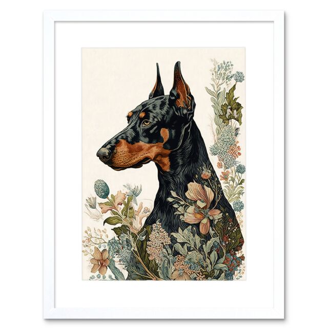 "Artery8 Wall Art Print Doberman Dog with Wild Flowers Boho Watercolour Artwork Framed 9X7 Inch in White - Size: W7"" x H9""" - image 1