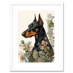 "Artery8 Wall Art Print Doberman Dog with Wild Flowers Boho Watercolour Artwork Framed 9X7 Inch in White - Size: W7"" x H9""" - thumbnail 1