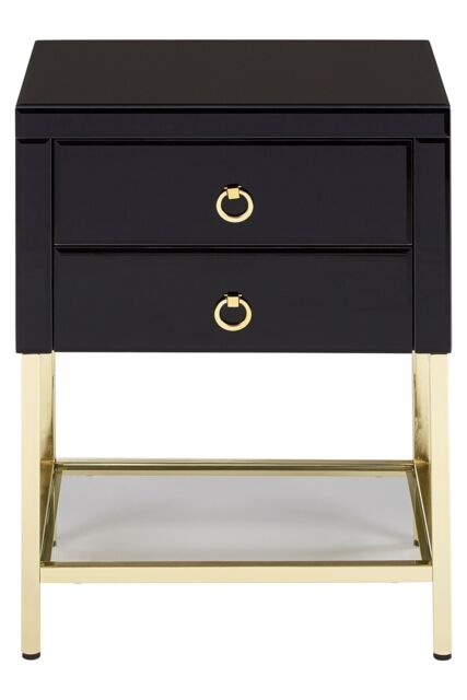 Orsina Black 2 Drawer Side Table, Gloss Finish Bedside Table With Gold Legs, Mirrored Glass Top Nightstand - image 1
