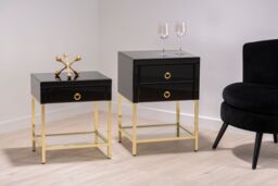 Orsina Black 2 Drawer Side Table, Gloss Finish Bedside Table With Gold Legs, Mirrored Glass Top Nightstand - thumbnail 2