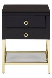 Orsina Black 2 Drawer Side Table, Gloss Finish Bedside Table With Gold Legs, Mirrored Glass Top Nightstand - thumbnail 7