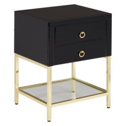 Orsina Black 2 Drawer Side Table, Gloss Finish Bedside Table With Gold Legs, Mirrored Glass Top Nightstand - thumbnail 5