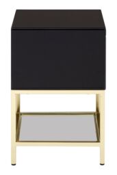Orsina Black 2 Drawer Side Table, Gloss Finish Bedside Table With Gold Legs, Mirrored Glass Top Nightstand - thumbnail 4