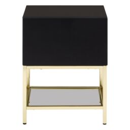 Orsina Black 2 Drawer Side Table, Gloss Finish Bedside Table With Gold Legs, Mirrored Glass Top Nightstand - thumbnail 3