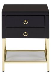 Orsina Black 2 Drawer Side Table, Gloss Finish Bedside Table With Gold Legs, Mirrored Glass Top Nightstand