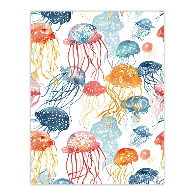 "Artery8 Jellyfish Blue Pink Orange Bright Watercolour Wall Art Print - Size: W24"" x H32""" - image 1