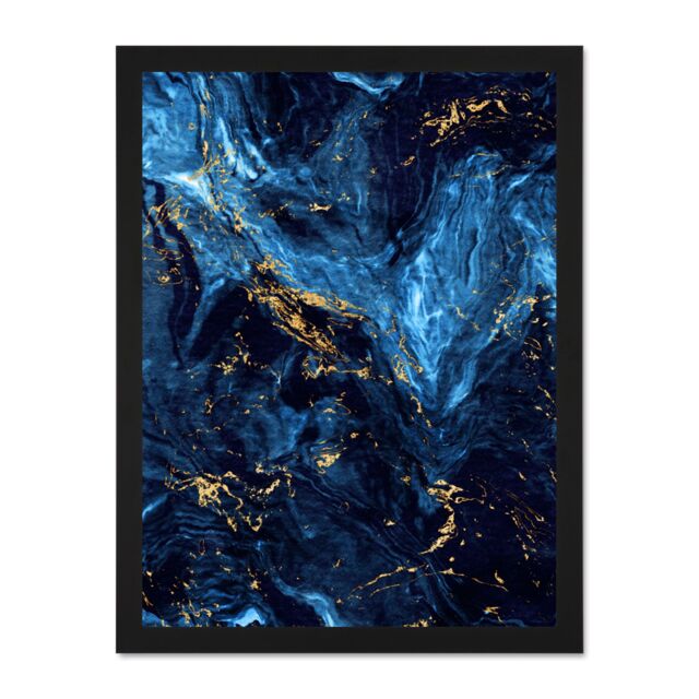 "Artery8 Wall Art Print Abstract Dark Blue Gold Swirl Large Large Framed Wall Décor Art in Light Oak - Size: W18"" x H24""" - image 1