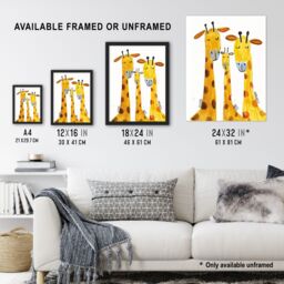 "Artery8 Giraffe Family Simple Bright Watercolour Folk Art Wall Art Print in Yellow - Size: W18"" x H24""" - thumbnail 3