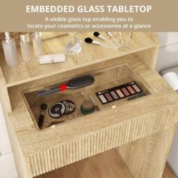 EONLION Oak Modern Vanity Dressing Table with Light Mirror Cushioned Storage in Light Oak - thumbnail 3
