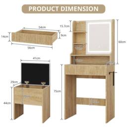 EONLION Oak Modern Vanity Dressing Table with Light Mirror Cushioned Storage in Light Oak - thumbnail 2