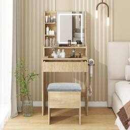 EONLION Oak Modern Vanity Dressing Table with Light Mirror Cushioned Storage in Light Oak