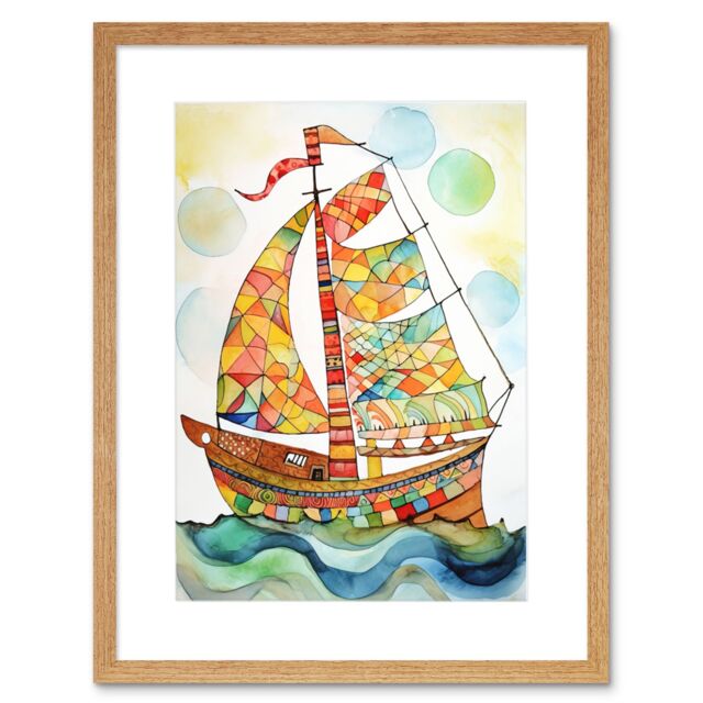 "Artery8 Wall Art Print Sailing Ship At Sunrise Folk Artwork Framed 9X7 Inch in Beige - Size: W7"" x H9""" - image 1