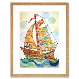 "Artery8 Wall Art Print Sailing Ship At Sunrise Folk Artwork Framed 9X7 Inch in Beige - Size: W7"" x H9""" - thumbnail 1