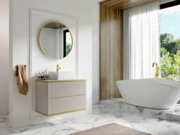 Vente-unique Fluted Wall-Hung Bathroom Unit With Gold Trim & Square Countertop in Beige - thumbnail 3