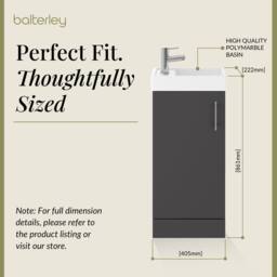 Balterley Saint Contemporary Bathroom Floor Standing 1 Soft-Close Door Vanity Unit & Rectangular Basin, Gloss Grey, 405 mm in Grey - thumbnail 5