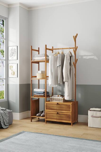 Garden Sanctuary Multi-functional Wooden Coat Rack with Storage Drawers in Natural - image 1