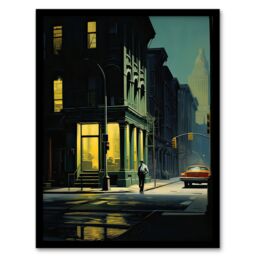 "Wee Blue Coo New York at Dawn Edward Hopper Style Painting 12x16"" Framed Art Print in Green - Size: A4" - thumbnail 1