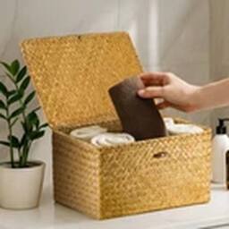EONLION Seagrass Storage Hamper with Lid Woven Wicker Basket in Brown - thumbnail 5