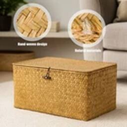 EONLION Seagrass Storage Hamper with Lid Woven Wicker Basket in Brown - thumbnail 4