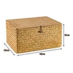 EONLION Seagrass Storage Hamper with Lid Woven Wicker Basket in Brown - thumbnail 2