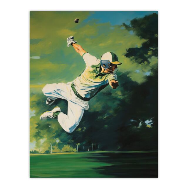 "Artery8 Wall Art Print Cricket Match Outfield Diving Catch Watercolour Artwork For Him Fan Man Cave Poster in Green - Size: W24"" x H32""" - image 1
