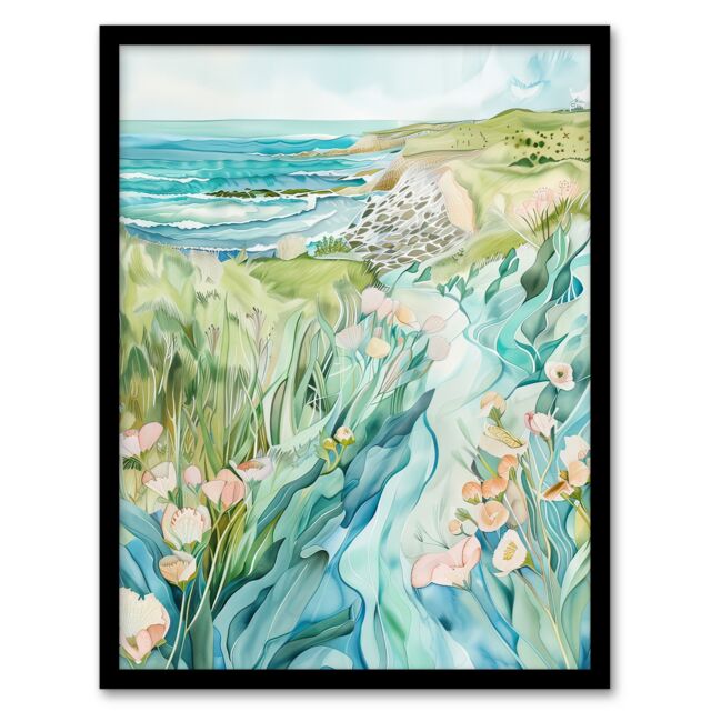 "Artery8 East Riding English Coastal Scene Watercolour Framed Art Print in Blue - Size: W12"" x H16""" - image 1