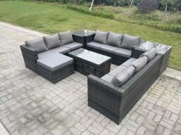 Fimous Rattan Garden Furniture Lounge Sofa Set With Oblong Rectagular Coffee Table Big Footstool in Dark Grey - thumbnail 2